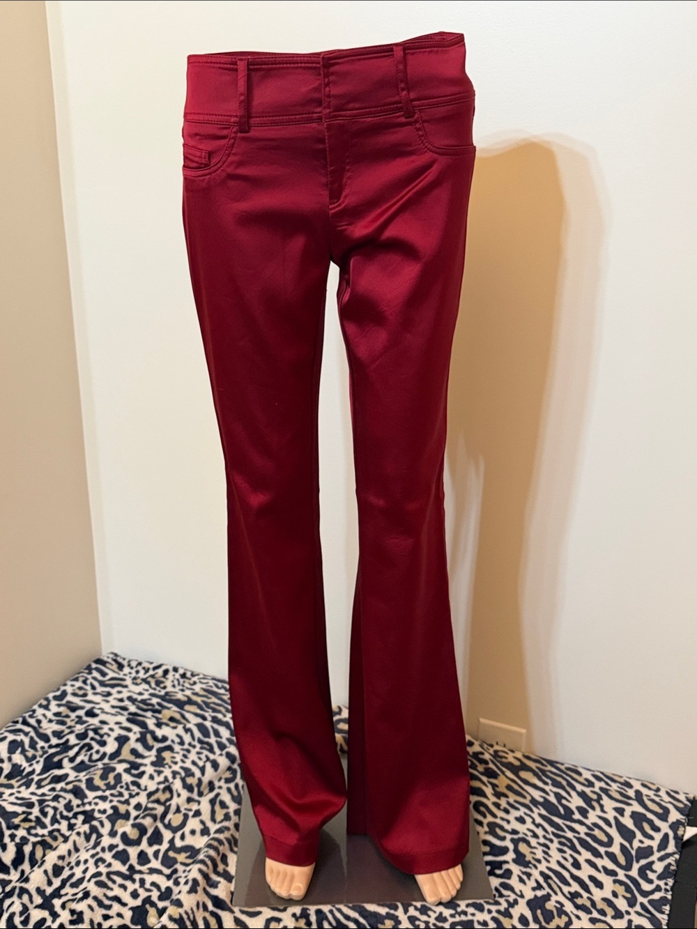 Cache Flared Burgundy Shiny Satin Finish Pants. Stretchable. Size 6